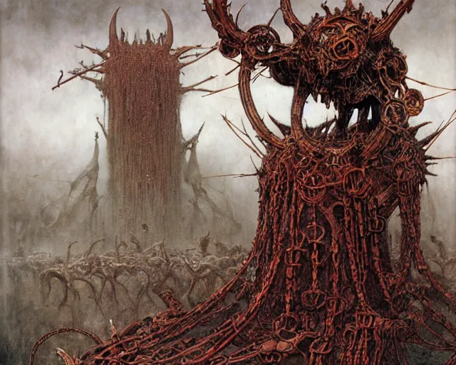 Image similar to Ancient blood-leaking cultic ritual totem made of horns and thorns, flesh and steel chains by kostnice czech, Beksinski, Arthur Rackham, Eugene de Blaas, Dariusz Zawadzki, Wayne Barlowe