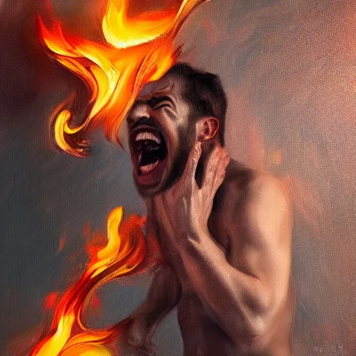 Prompt: a screaming man holds a burning graphics card, expressive oil painting, digital art, trending on artstation