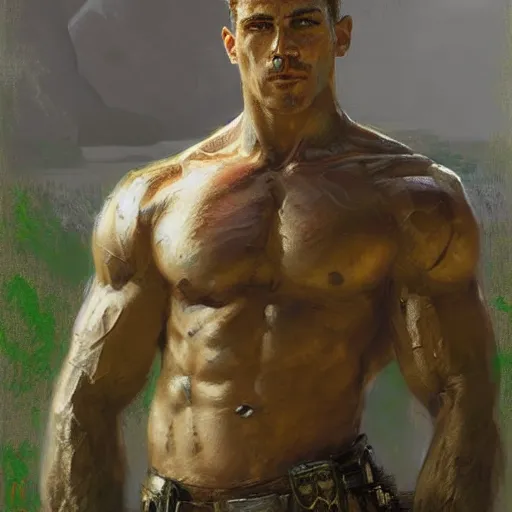 Image similar to young solider by a river, playful, male, muscular, green eyes, straight nose, beard, detailed face, gorgeous, amazing, muscular, intricate, highly detailed, painting by Gaston Bussiere, Craig Mullins