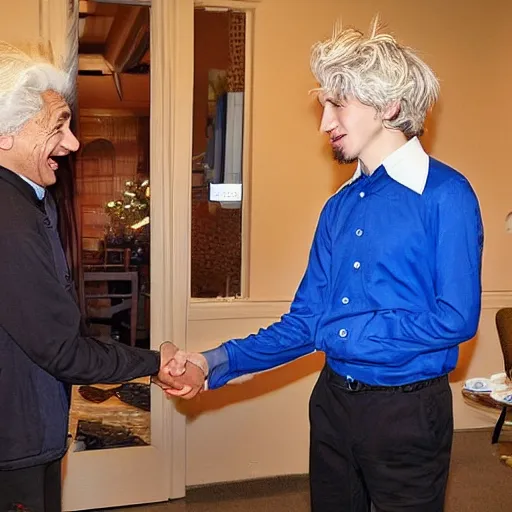 Prompt: Albert Einstein shaking hands with xqc