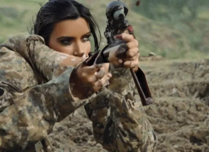 Image similar to a film still of kim kardashian as a soldier firing a rifle over a dirty trench with her top slightly open neckline. backround : warfield