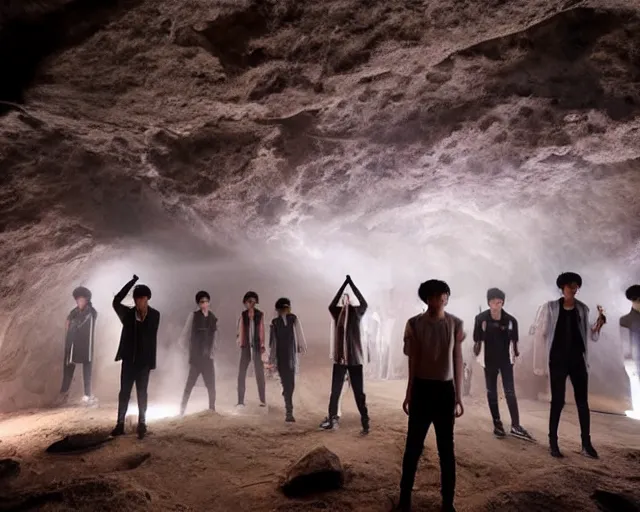 Prompt: neolithic cave art, generic kpop boy band, lasers, smoke machine, cdx