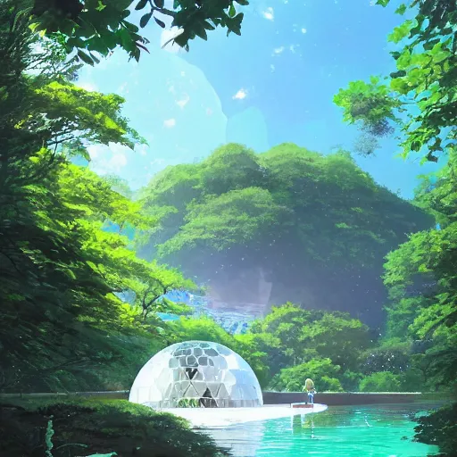 Image similar to geodesic dome in front of a lake with gardens and waterfall, gapmoe kuudere moody lighting stunning bokeh highlights sharp contrast | trending pixiv fanbox | by greg rutkowski makoto shinkai takashi takeuchi studio ghibli