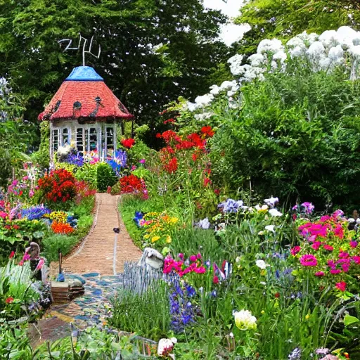 Prompt: english style cottage garden with landscaped flowers, public flower garden, containing mosaic sculpture of a alebrije chimera, irregularly shaped mosaic tiles, in the style of folk art