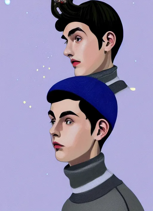 Image similar to portrait of teenage jughead jones wearing a light grey crown, crown, blue turtleneck, 1 9 5 0 s, closed eyes, photorealistic, black hair, glowing lighting, intricate, elegant, glowing lights, highly detailed, digital painting, artstation, concept art, smooth, sharp focus, illustration, art by wlop, mars ravelo and greg rutkowski