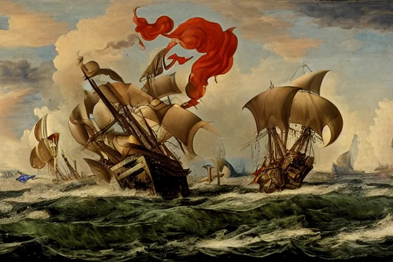 Prompt: A sea monster attacks a ship, Hans Savery the Elder (1626), oil on canvas, detailed brushstrokes