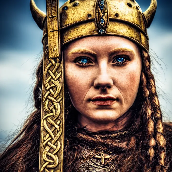 Prompt: photo of a beautiful viking queen, highly detailed, 4 k, hdr, smooth, sharp focus, high resolution, award - winning photo