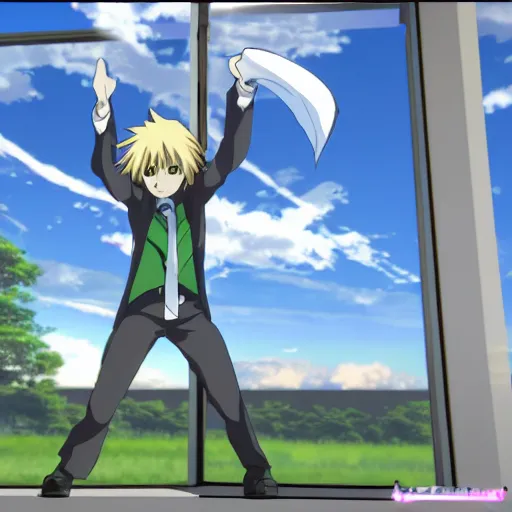 Prompt: A anime character throws the Unity 3D logo out of the window xD