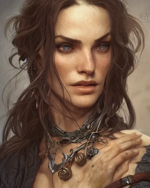 Image similar to close up portrait of a ruggedly handsome female witch, soft hair, half body, leather, d & d, fantasy, intricate, elegant, highly detailed, digital painting, artstation, concept art, smooth, sharp focus, illustration, art by artgerm and greg rutkowski and alphonse mucha