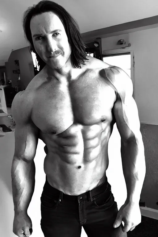 Image similar to Matthew Mercer is a jacked muscle builder gigachad, grayscale photography, Critical Role, Raised eyebrow