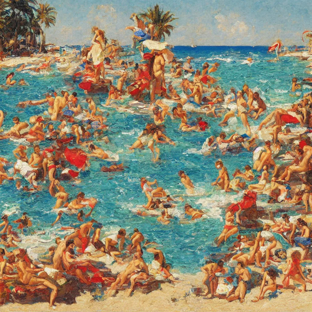 Image similar to rich and indulgent oil paint impasto reliefs, happy italian beach scene, an artwork by charles w. bartlett and jackson pollack and colin campbell cooper