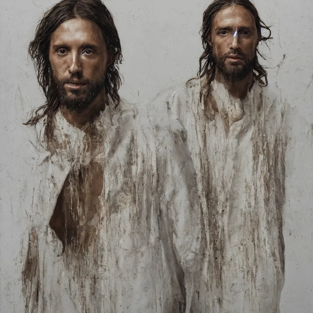 Image similar to a full body lookbook portrait of modern - day jesus wearing cream yeezy and fear of god menswear collection by nicola samori, detailed, oil painting, hyper - realistic, 8 k, yeezy collection