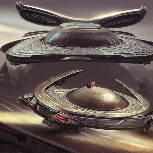 Image similar to full view of a car, intricate, elegant, highly detailed, digital painting, concept art, smooth, sharp focus, art style from Wang Ke and Greg Rutkowski and Bruce Kaiser and Scott Robertson and Dmitry Mazurkevich and Doruk Erdem and Jon Sibal, small hint of star trek style