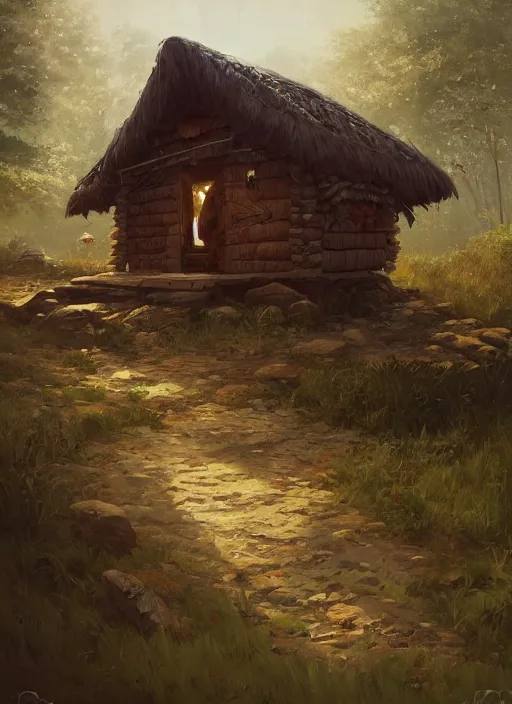 Prompt: hut on bird's feet, greg rutkowski, zabrocki, karlkka, jayison devadas, trending on artstation, 8 k, ultra wide angle, zenith view, pincushion lens effect