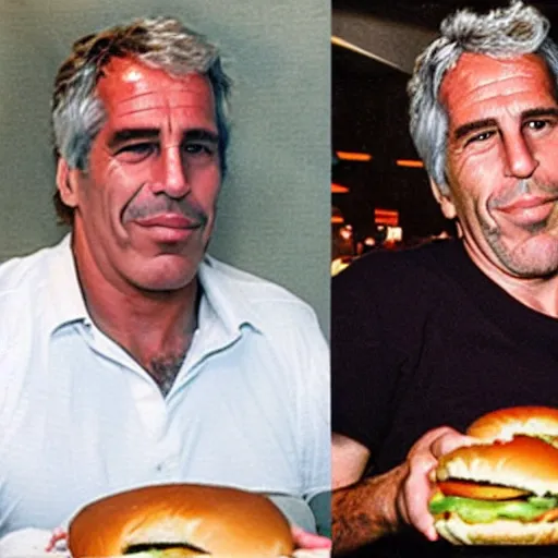 Prompt: jeffrey epstein and fat al eating a hamburger at mcdonalds