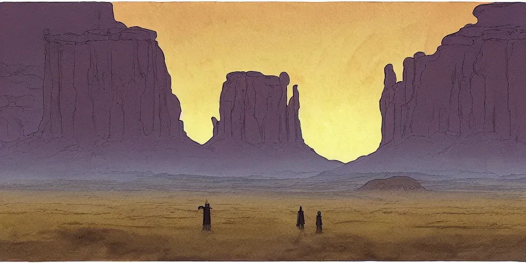 Prompt: a hyperrealist watercolor concept art of a giant ufo from independence day on the horizon of monument valley. a medieval monk in grey robes is in the foreground. golden hour. very muted colors, by rebecca guay, michael kaluta, charles vess. high detail, hq, wide shot, 4 k