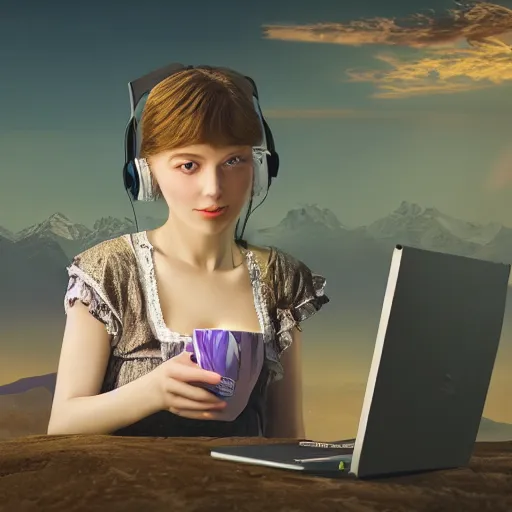 Prompt: highly detailed matte painting of russian girl drinking tea while programming, realistic,