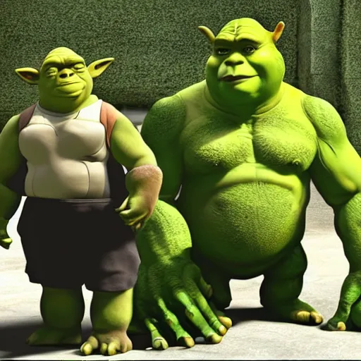 Prompt: shrek and yoda and the hulk