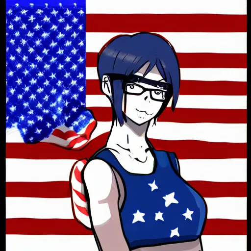 Image similar to a woman in a blue shirt with a american flag on her face, an anime drawing by ei - q, featured on pixiv, superflat, flat colors, commission for, anime