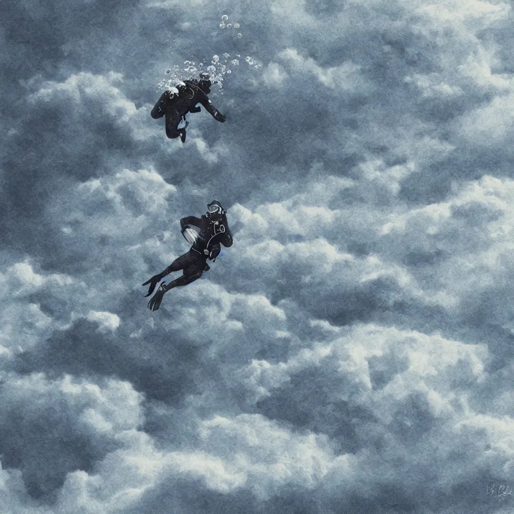 Image similar to a single scubadiver floating above the clouds, closeup, digital drawing