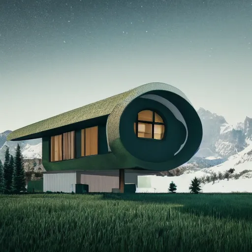 Image similar to wes anderson style modern futuristic house near the lake, snowy mountains and green forest, cinematic, realism, photo, detailed