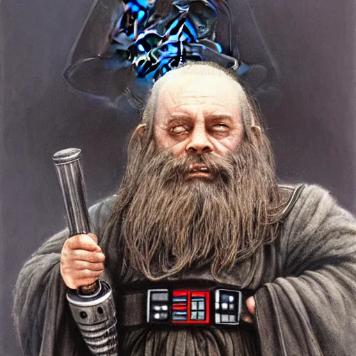 Image similar to darth vador as a dwarf in the lords of the rings by Alan Lee. mate painting, 4k, 8k