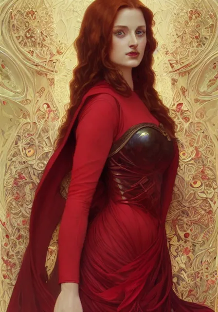 Image similar to sansa angeline jolie gessica chastain in red, intricate, elegant, highly detailed, digital painting, artstation, concept art, smooth, sharp focus, illustration, art by artgerm and greg rutkowski and alphonse mucha and william - adolphe bouguereau