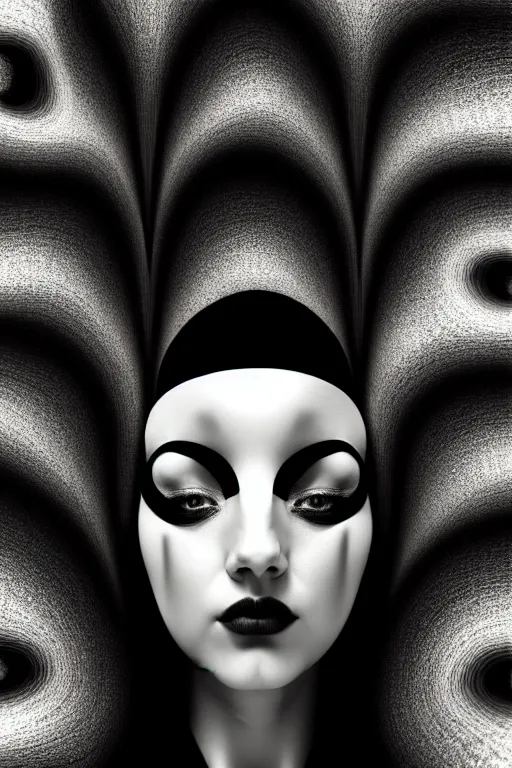 Prompt: portrait of a young beautiful woman with a mask. contemporary photograph, speed painting, fractal, mandelbulb. black and white, black on black. intricate, elegant, super highly detailed, professional digital painting, smooth, extreme illustration, Unreal Engine 5, Photorealism, HD quality, 8k resolution, 3D, beautiful, cinematic, art. art deco, man ray.