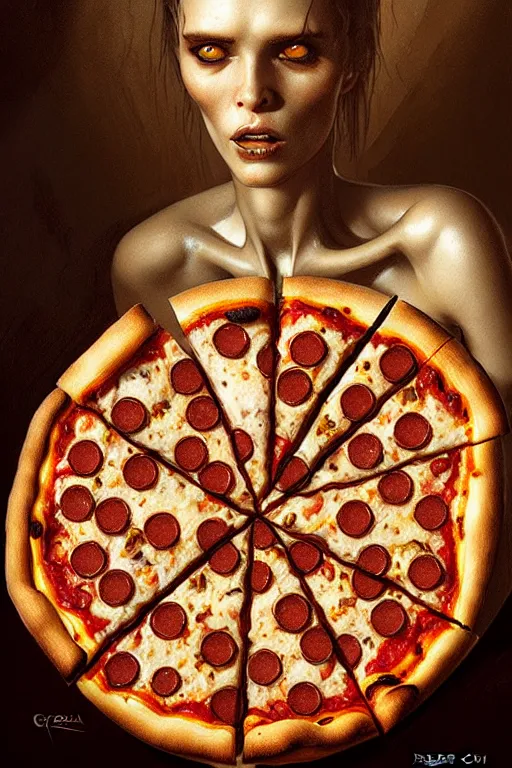 Image similar to pizza by greg rutkowski, giger, maxim verehin