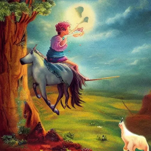 Image similar to dream : a fabulous landscape, a magical unicorn. a boy is sitting astride him. a cat is lying