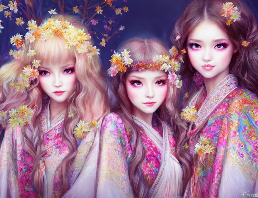 Image similar to two beautiful fashion siberian girls wear fantasy kimono in festival | | big eyes, sunny, dreamlike art, realistic shaded, smile, good looking, hyper details, 4 k realistic, cryengine, realistic shaded lighting poster by artgerm, ross tran, fuji choko, loish, 8 k resolution, trending on artstation, luxury