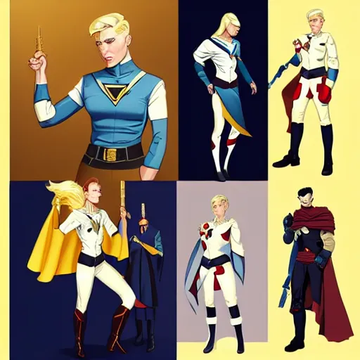 Prompt: character concept art, stoic heroic emotionless square-jawed butch blonde handsome tattooed woman engineer, wearing white and gold satin uniform with gold cape, wearing boots, atompunk, science fiction, in the Style of Artgerm and Charlie Bowater and Atey Ghailan and Mike Mignola, vibrant colors and hard shadows and strong rim light, Comic Cover Art, plain background, trending on artstation