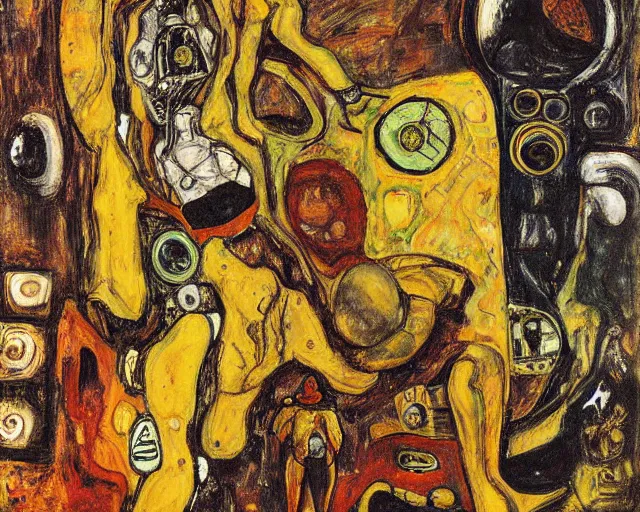 Image similar to a painting of a aliens and robots by graham sutherland, egon schiele, gustav klimt, expressionism