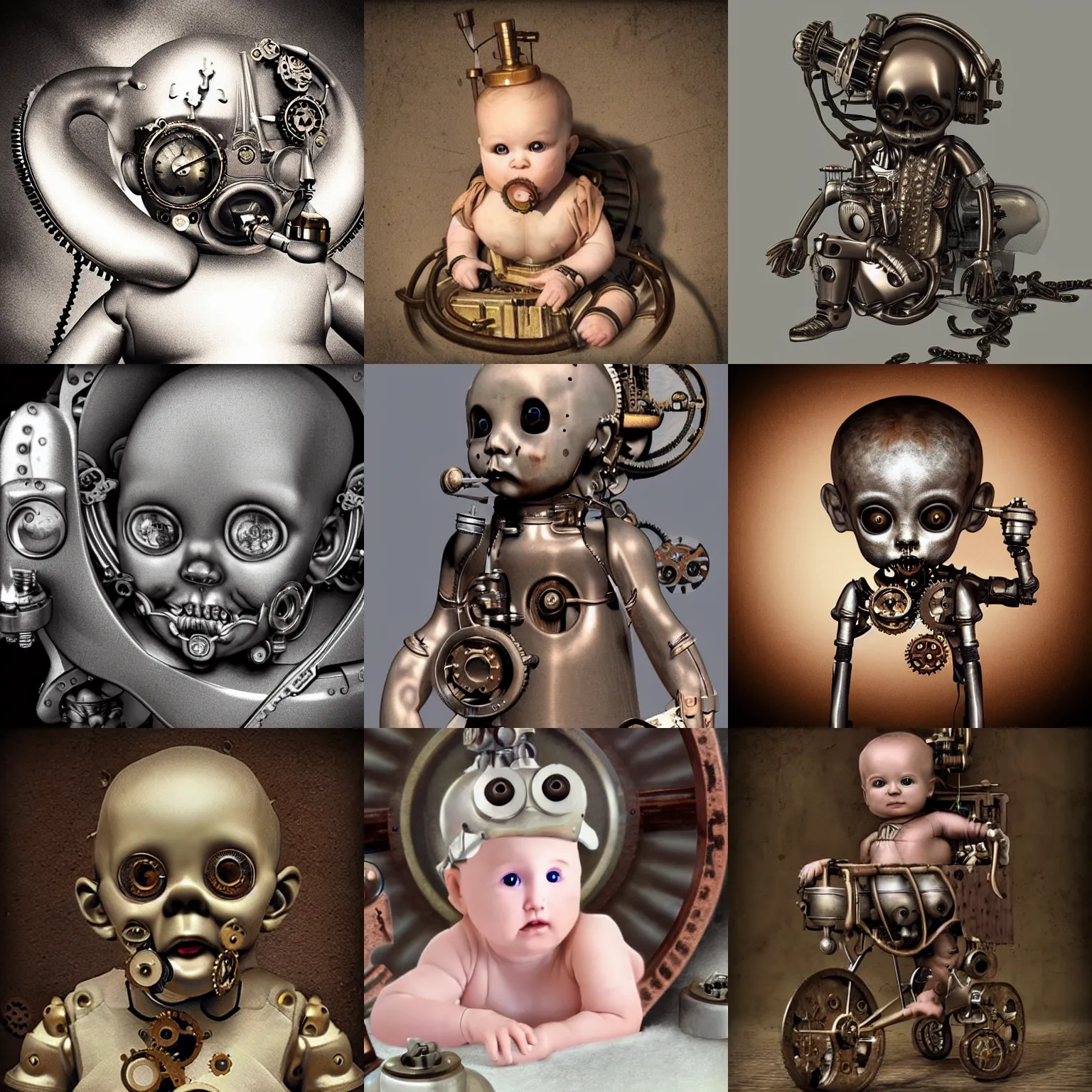 Prompt: mechanical steampunk baby creepy unsettling photorealistic