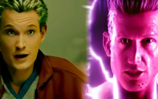 Prompt: still frame from blockbuster movie showcasing groundbreaking cgi a character made of blue cherenkov radiation