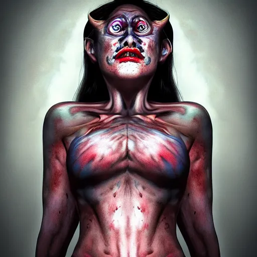 Image similar to photorealistic devil woman in the style of junji ito and michael whelan. hyperdetailed photorealism, 1 0 8 megapixels, amazing depth, high resolution, 3 d shading, 3 d finalrender, 3 d cinematic lighting, glowing rich colors, psychedelic overtones, artstation concept art.