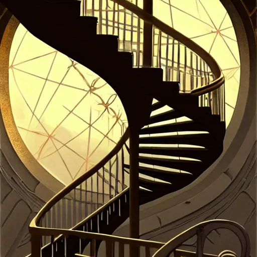 Prompt: big spiral stairways on old ship, inhabited on many levels, flying birds, shining light, strong perspective, clear geometry, architecture, glowing halo, fantasy, intricate, elegant, highly detailed, digital painting, artstation, concept art, smooth, sharp focus, art by anthony macbain + greg rutkowski + alphonse mucha, concept art, 4k, sharp focus, cinematic unreal engine