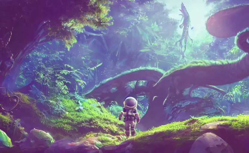 Image similar to a still of a cute adorable tiny astronaut, on a planet of lush foliage, with an enormous kaiju dragon surrounding the background, magical forest, sharp focus, neon backlit, highly detailed, disney pixar studio ghibli makoto shinkai, digital painting, matte, octane render, global illumination, iridescent, anime, 8 k concept art