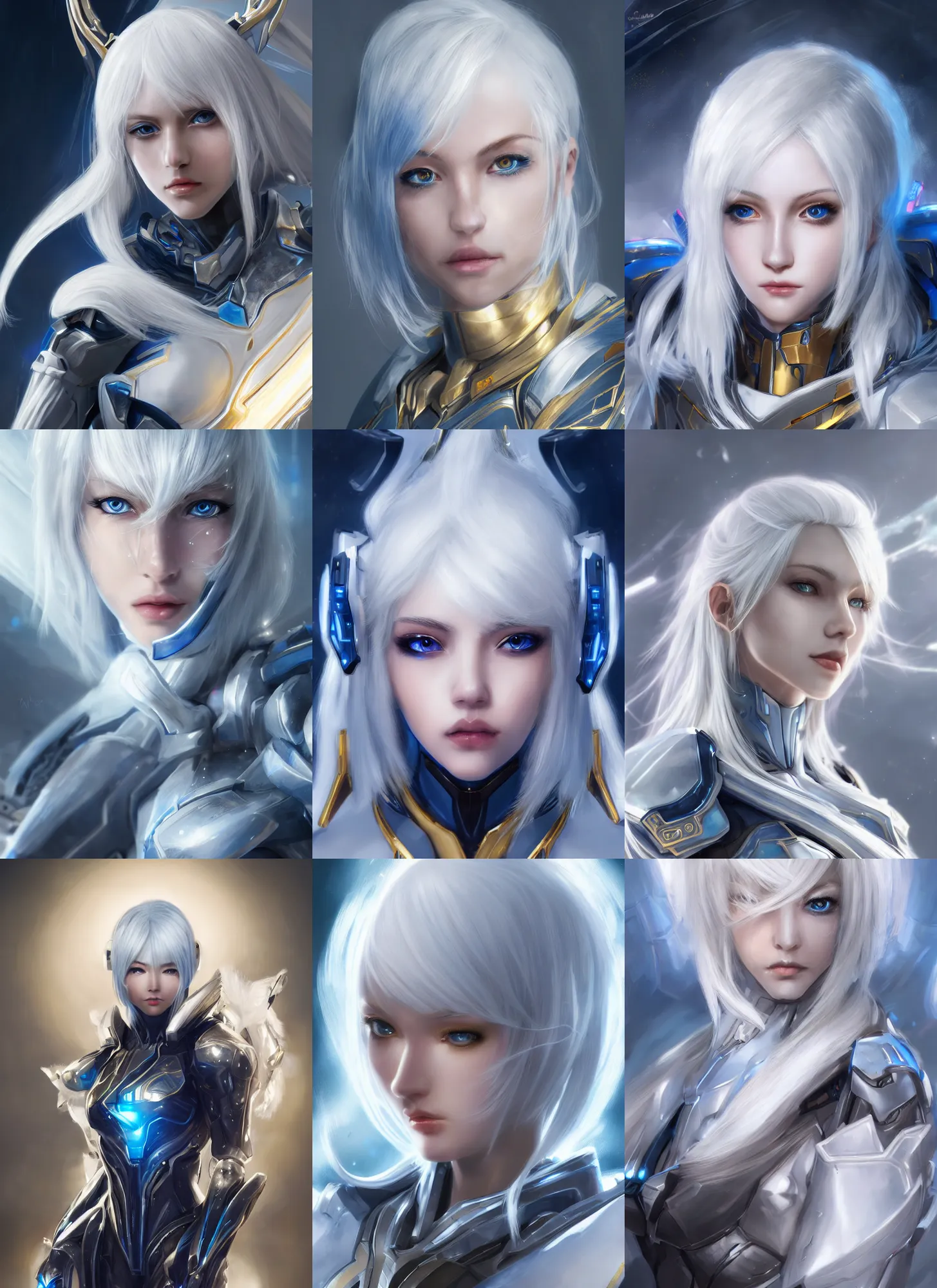Prompt: detailed portrait of perfect white haired girl, android, warframe armor, beautiful, dreamy, pretty face, blue cyborg, eyes, innocent, scifi, 4 k, blue, gold, sun yunjoo, ultra realistic, aura of light, cinematic lighting, highly detailed, sharp focus, masterpiece, art by won kim