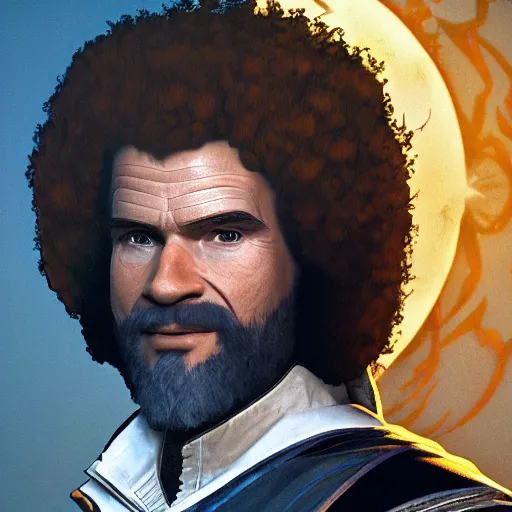 Image similar to an ultra detailed vector image of bob ross dressed as ezio auditore, concept art by alphonse mucha and greg rutkowski, praise the blood moon, octane render, cosmic horror, scary little trees