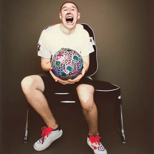 Prompt: realistic photoshoot for a gaming chair, a goofy man short hair is standing by the chair with a soccer ball in his arms, maniacal smile, color film photography, portrait of a beautiful person, in style of Campbell Addy, 35mm