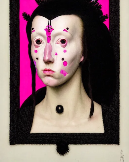 Image similar to symmetrical portrait of a woman face with pink frizzy hair, wearing a embroidered black mask by alexander mcqueen, bjork aesthetic, masterpiece, in the style of rogier van der weyden and jacopo da pontormo, cyberpunk