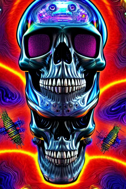 Image similar to maximalist detailed scifi robot skull portrait. lowbrow scifi artwork by kidsquidy and binx. ly. ray tracing hdr polished sharp in visionary psychedelic fineart style inspired by alex grey and cameron gray