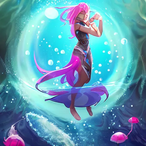 Image similar to female water mage, high quality character design, action pose : : spotlight, magical, seapunk, seaweed, bubbles, high detail, 1 6 k, oled, shadows, reflections, by rossdraws