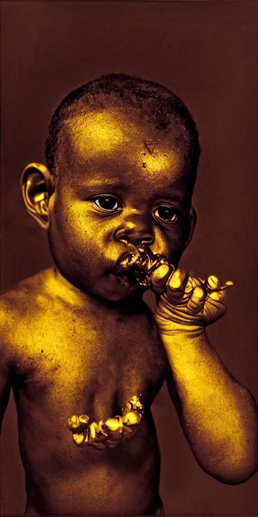 Image similar to award winning photo of black baby puking gold, vivid colors, happy, symmetrical face, beautiful eyes, studio lighting, wide shot art by sally mann & arnold newman