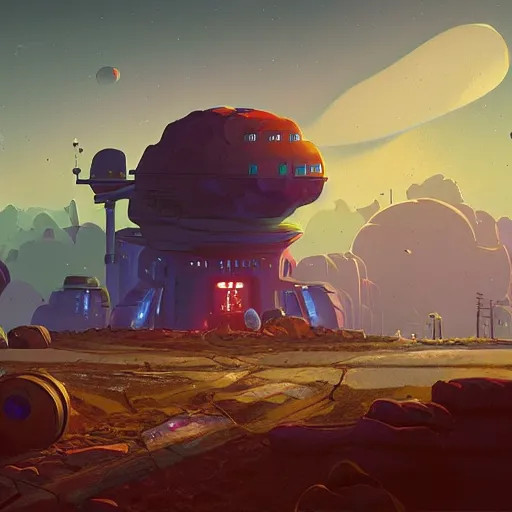 Prompt: A mining outpost attached to the side a small asteroid by Simon Stålenhag digital art