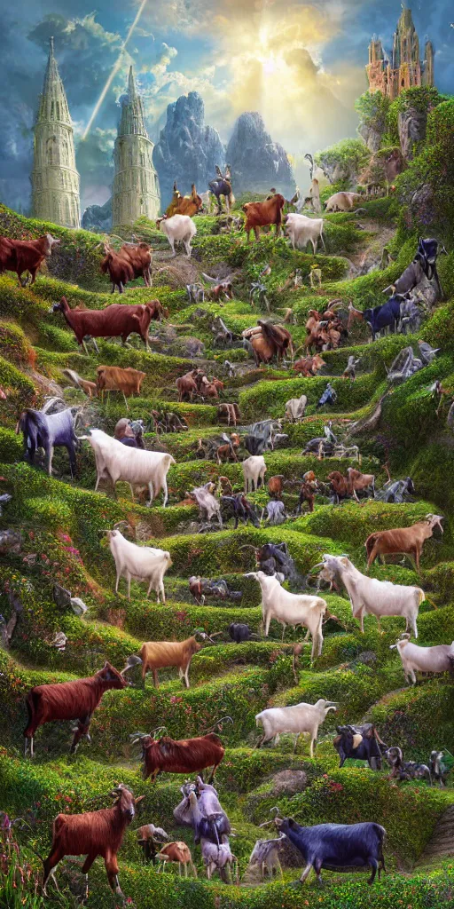 Image similar to a herd of goats! on stairs in a beautiful fantasy cathedral, epic, grandiose, many goats, magic, tall towers, gorgeous clouds, colorful, sunrays, digital painting, landscape, octane render, unreal engine, high detail, very realistic, by jacek yerka