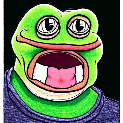 Image similar to pepe the frog from 4chan smirking, coloured pencil sketch in the style of matt furie feels good man, shadows, cool, hand drawn