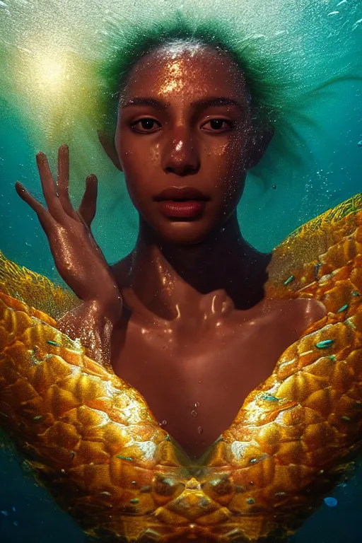 Image similar to hyperrealistic metamodern cinematic half underwater scene with fish and algae, very expressive! translucent elegant african goddess getting out of water, gold jewerly, highly detailed face, digital art masterpiece, aykut aydogdu zener, dramatic volumetric light, long shot, low angle uhd 8 k, sharp focus