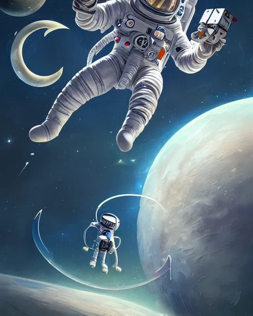 Prompt: wide shoot selfie of caricature ethereal intricate cosmonaut lie relaxed on a crescent moon between the stars and the planets in outer space, cosmonaut post grunge concept art,high detail,4k, trending on artstation by Yoshitaka Amano, josan gonzalez and tyler edlin